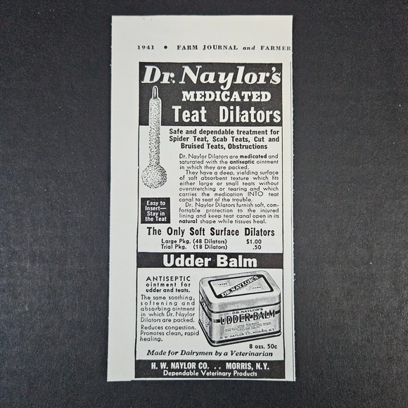 1941 Dr Naylor's Medicated Teat Dilators Udder Balm Vintage Print Ad Morris NY - Picture 1 of 4
